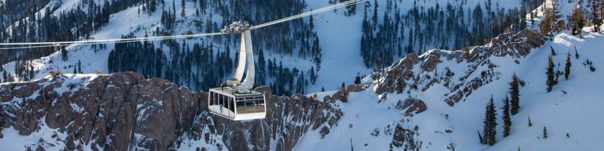 The image shows a snowy mountain landscape with a cable car in the foreground, surrounded by pine trees and a distant view of a lake or sea.