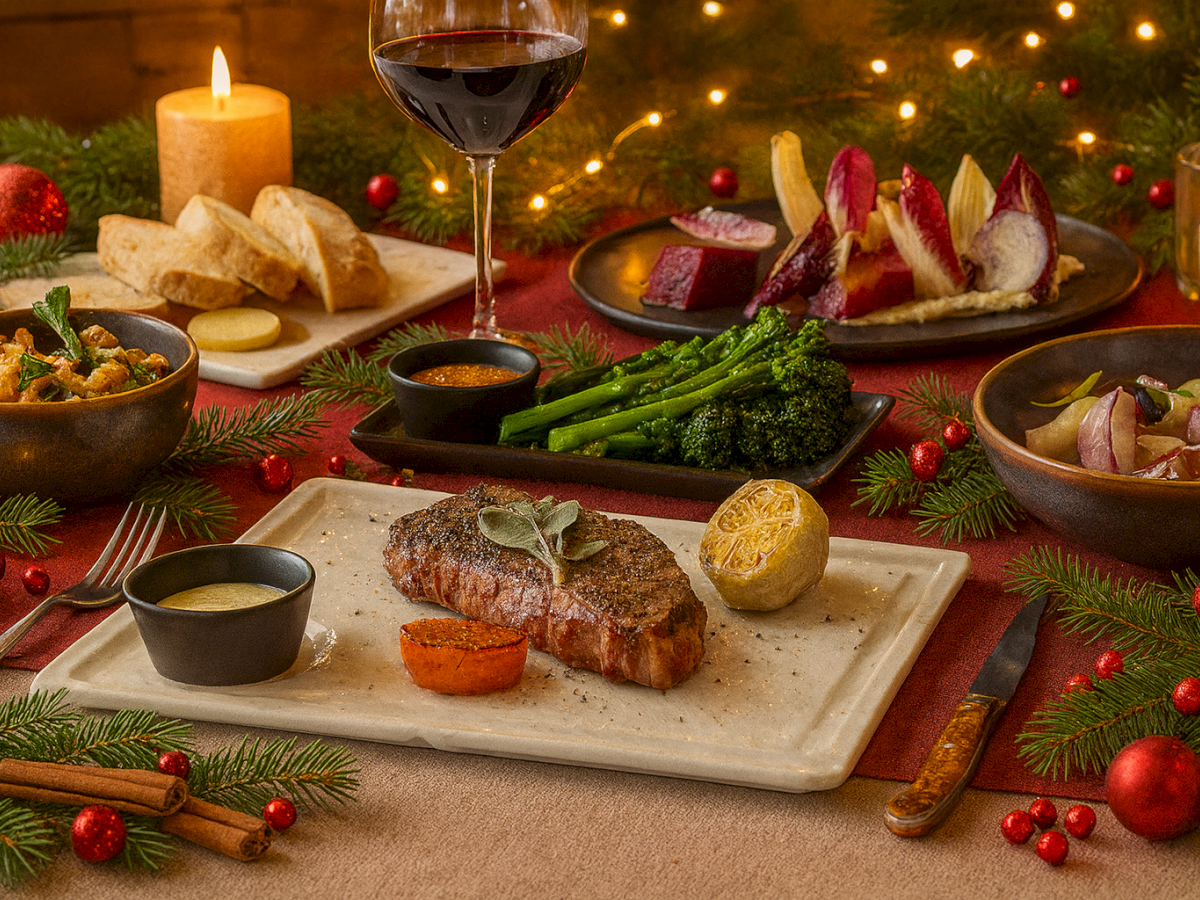 A festive dinner setup with steak, vegetables, bread, sauces, and a glass of red wine, surrounded by candles and holiday decor.