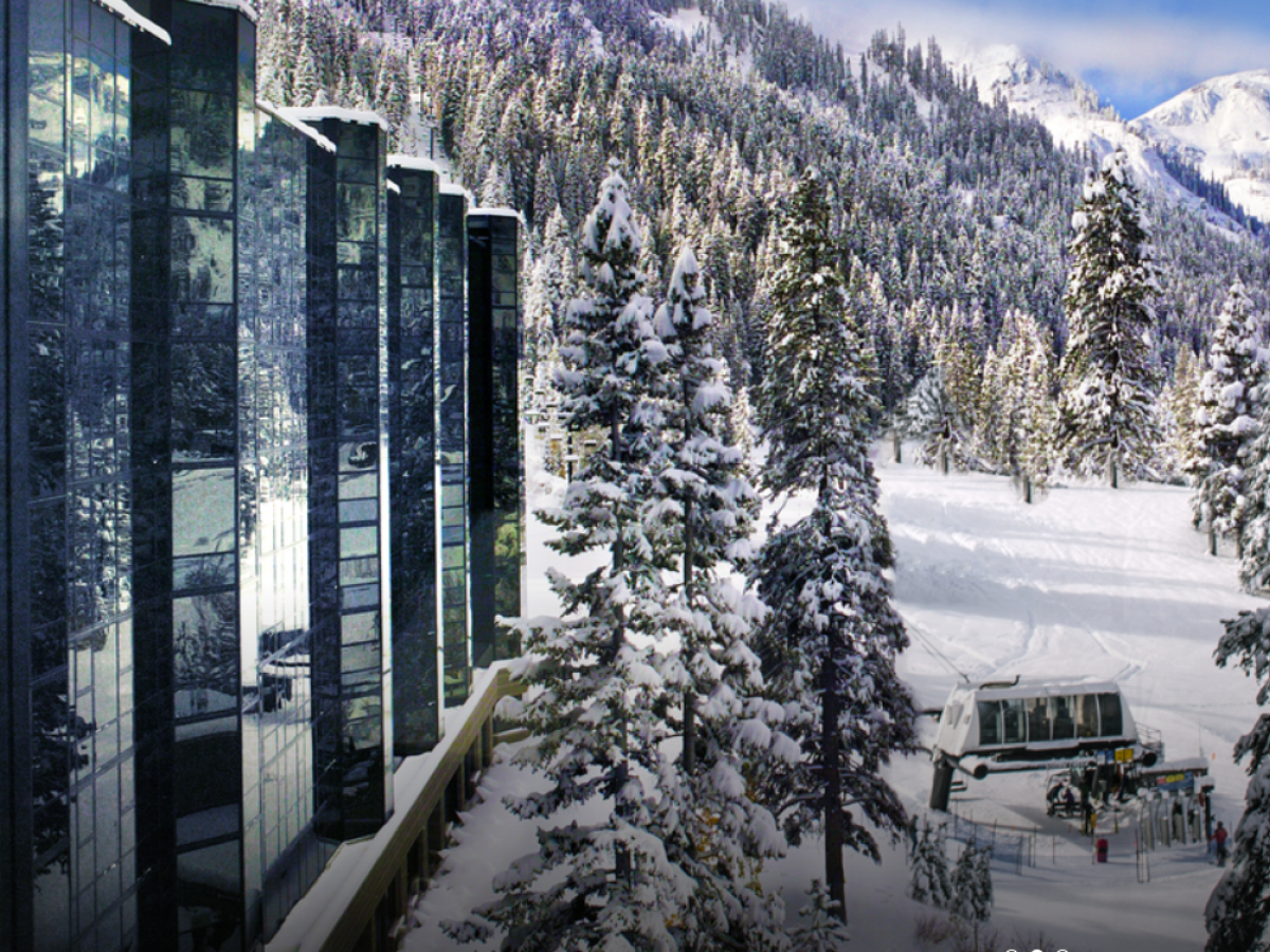 A modern building with reflective glass and a snowy mountain landscape with trees; a cable car and skiers are visible in the snow.