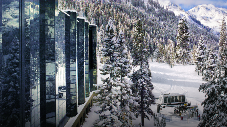 A modern building with reflective glass and a snowy mountain landscape with trees; a cable car and skiers are visible in the snow.