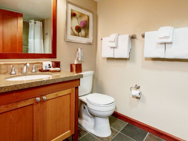 The image shows a clean bathroom with a wooden vanity, a large mirror, a toilet, two towel racks with folded towels, and a framed picture on the wall.