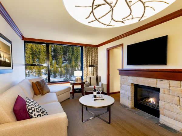 A cozy living room features a beige sofa, a fireplace, a flat-screen TV, and a view of the outdoors through large windows.