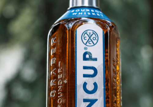 A bottle of Tito&rsquo;s-style corn whiskey? No&mdash;it's a bottle labeled &ldquo;TINCUP&rdquo; straight bourbon whiskey, with a blue and white label and a metal cap.