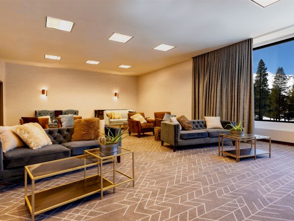 A cozy lounge with gray sofas, armchairs, pillows, coffee tables with plants, patterned carpet, large window with a tree view, and warm lighting.