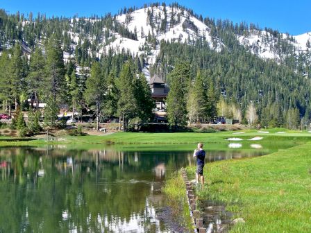 A person is standing by the edge of a serene lake with a backdrop of snow-capped mountains and lush pine trees under a clear blue sky.