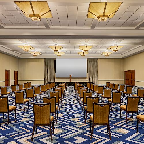 The image shows an empty conference room with rows of chairs facing a podium and projection screen, patterned carpet, and a grid of ceiling lights.