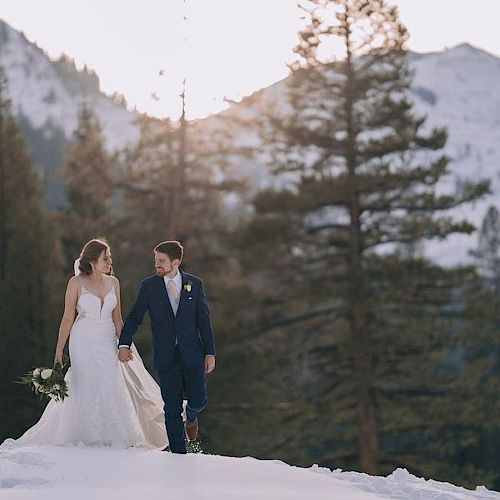 A bride and groom walk hand in hand on a snowy mountain landscape, surrounded by pine trees with the sun setting behind them.