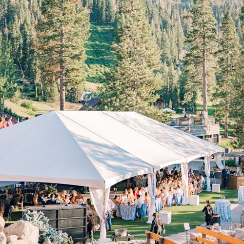 An outdoor wedding reception unfolds under white tents, with guests dining in a pine-filled mountain valley.
