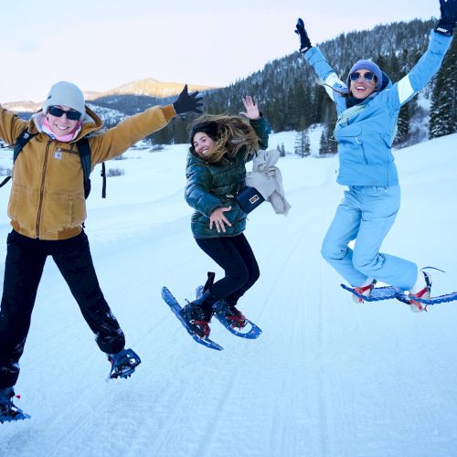 Three skiers in winter jackets and goggles jump for joy on a snowy slope with pine trees and mountains behind them.
