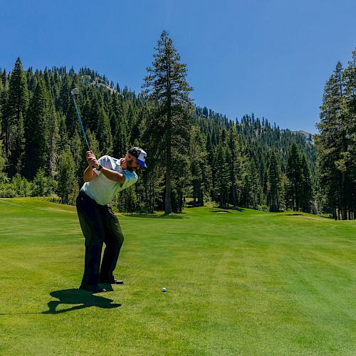 A person playing golf on a lush, green course surrounded by tall trees and mountains under a clear blue sky.