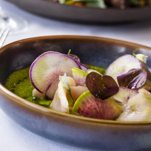 A plate of sliced radishes garnished with microgreens and edible flowers, served on a bed of green sauce, with a fork and wine glass nearby.