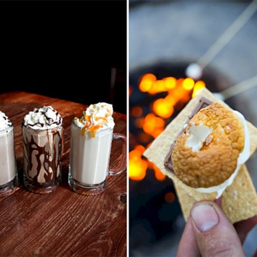 Three iced chocolate drinks topped with whipped cream and a hand holding a cream-filled cookie sandwich against a blurry night background.