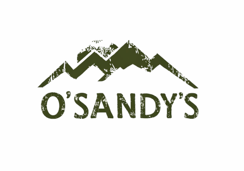 A logo showing stylized green mountains above the text &ldquo;O'SANDY'S&rdquo; with a rugged, textured look. End.