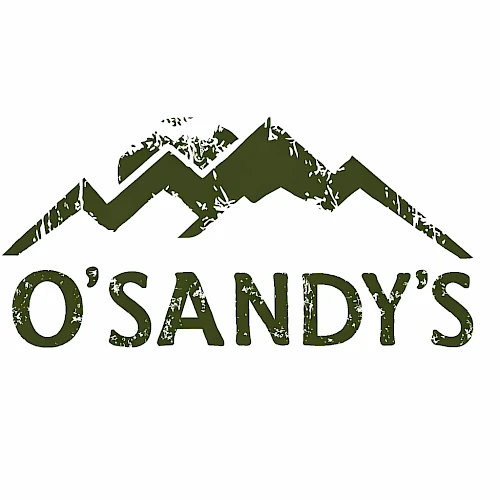 A logo showing stylized green mountains above the text &ldquo;O'SANDY'S&rdquo; with a rugged, textured look. End.
