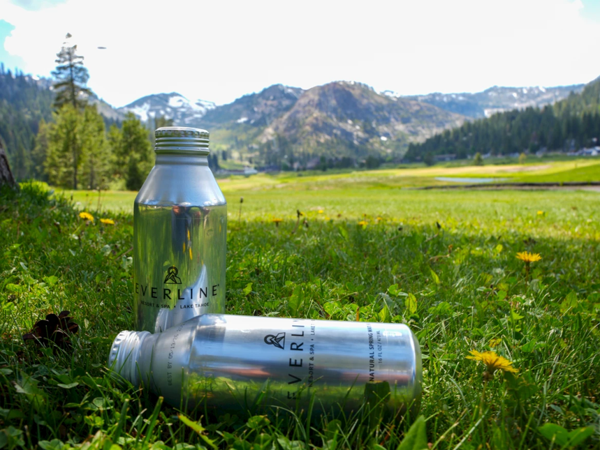 Two stainless steel water bottles sit on a sunny green meadow with mountains and wildflowers in the background.