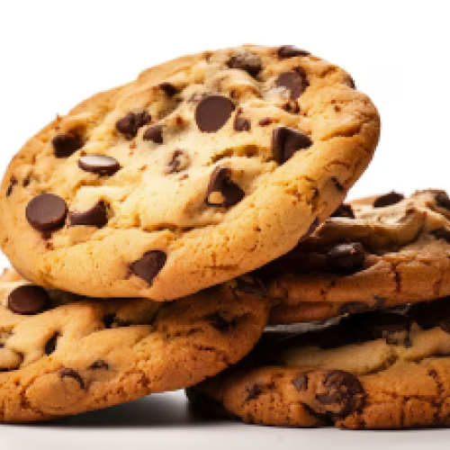 A stack of chocolate chip cookies is visible. The cookies have a golden-brown color with plenty of chocolate chips spread throughout, tempting to eat.