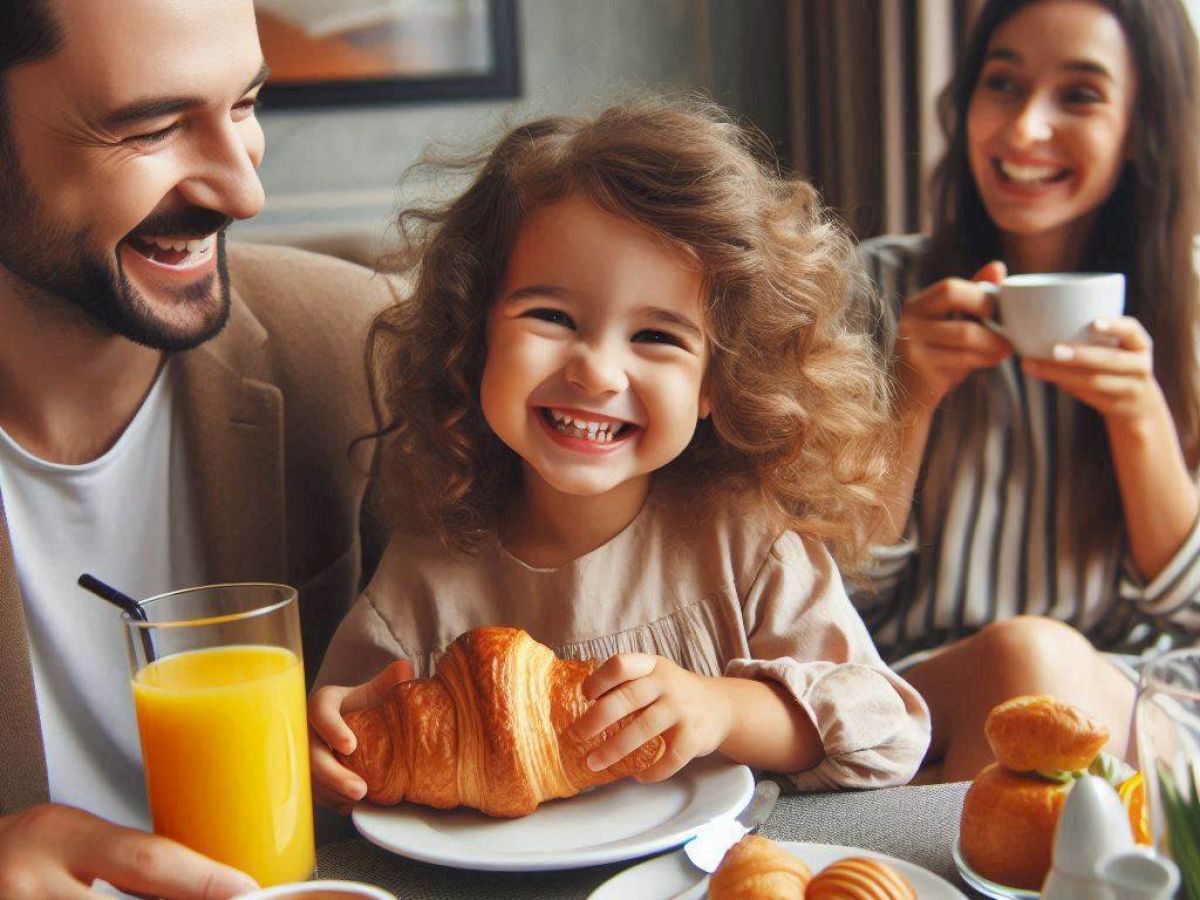 A family of three is enjoying a meal together, with the child smiling while holding a croissant. The table has coffee, juice, and more pastries.