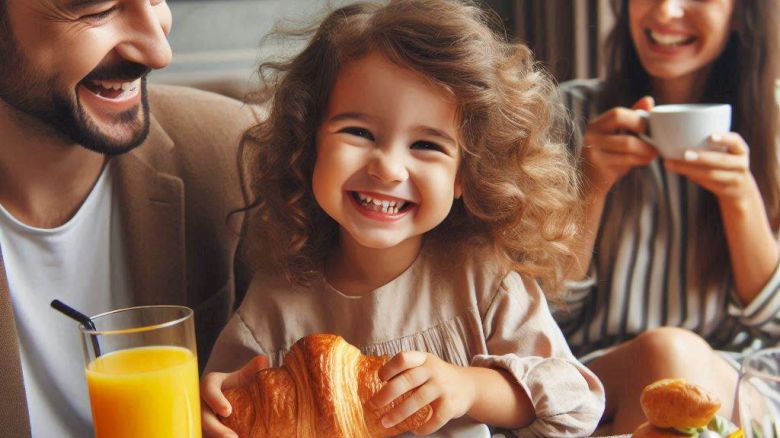 A happy family is enjoying breakfast together, with a child smiling while holding a croissant, surrounded by pastries, drinks, and warm lighting.