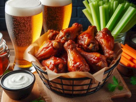 A basket of chicken wings, two glasses of beer, celery sticks, carrot sticks, and a small bowl of dipping sauce on a wooden table.