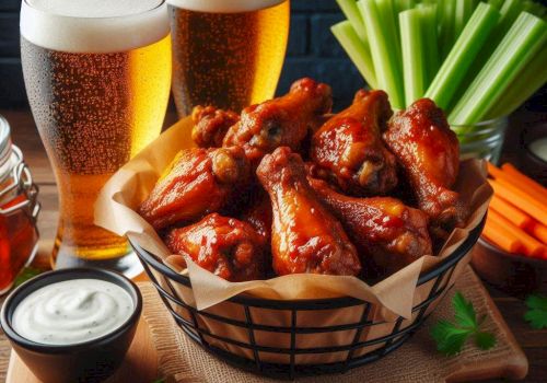 A basket of chicken wings with dipping sauce, celery, carrot sticks, and two glasses of beer are arranged on a wooden table.