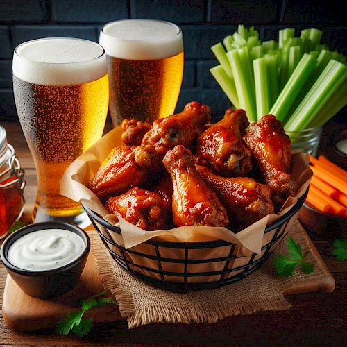 A basket of chicken wings with dipping sauce, celery, carrot sticks, and two glasses of beer are arranged on a wooden table.