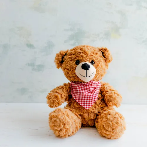 A cute plush teddy bear in a red plaid bandana sits on a light table against a pale blue wall.