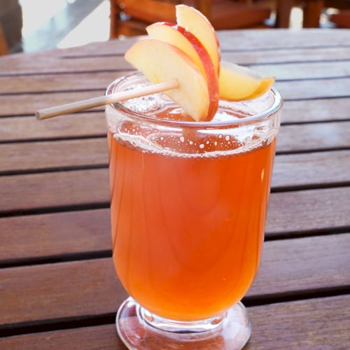 A glass of amber-colored beverage garnished with apple slices on a wooden table.