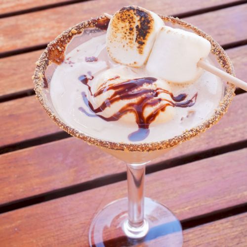 A creamy cocktail topped with toasted marshmallows and drizzled with chocolate, served in a glass with a crumbed rim.