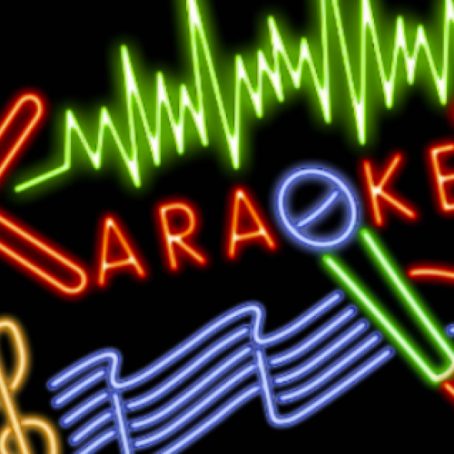 This image shows a colorful neon sign with the word "Karaoke" and various musical elements like a microphone, music notes, and a musical staff.