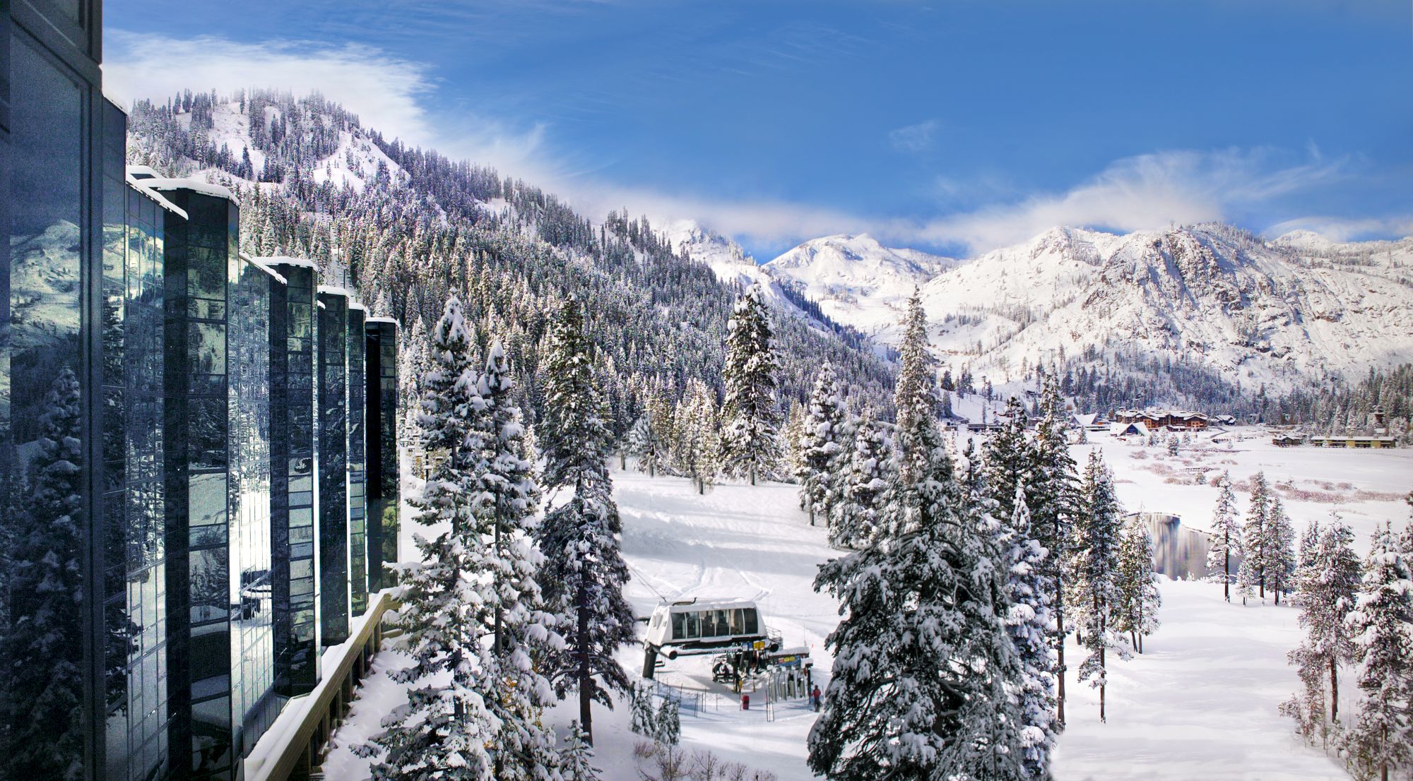 A snowy mountain landscape with a ski lift, surrounded by snow-covered trees and a building with reflective glass windows on the left.