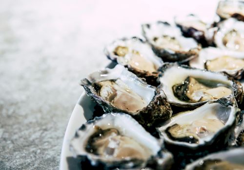 A plate of raw oysters on the half shell is arranged, ready to be served.