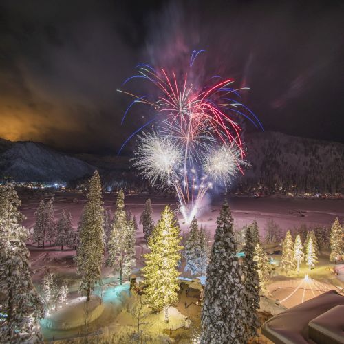 A winter landscape with snow-covered trees and fireworks lighting up the night sky, creating a festive atmosphere.