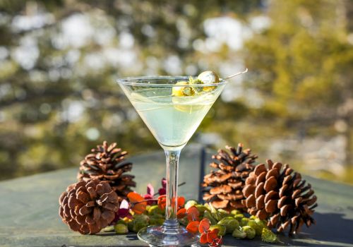 A martini glass with a cocktail and olives is surrounded by pinecones and small colorful decorations on a table outdoors.