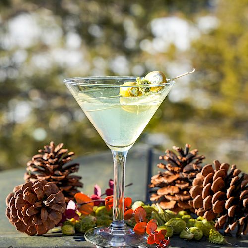 A martini glass with a cocktail and olives is surrounded by pinecones and small colorful decorations on a table outdoors.