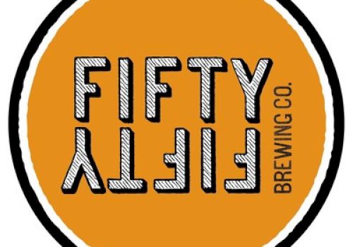 The image is a circular logo with "FIFTY FIFTY BREWING CO." written on a brownish-orange background.