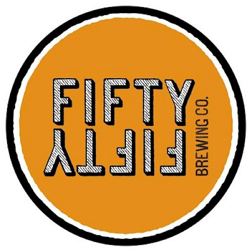 The image is a circular logo with "FIFTY FIFTY BREWING CO." written on a brownish-orange background.