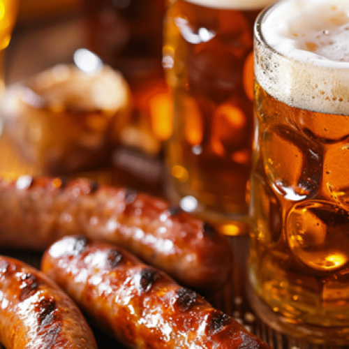 Grilled sausages and frothy beer mugs on a wooden table, creating a cozy, hearty meal scene.
