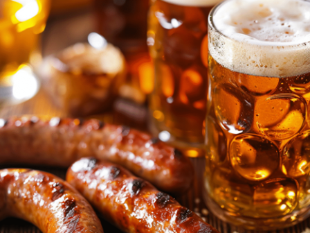 Grilled sausages and frothy beer mugs on a wooden table.