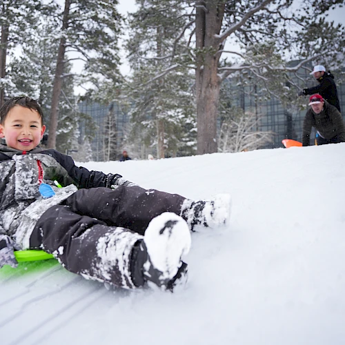 A child slides down a snowy hill on a green sled, smiling, with snow on their boots; others watch from the background in a winter scene.